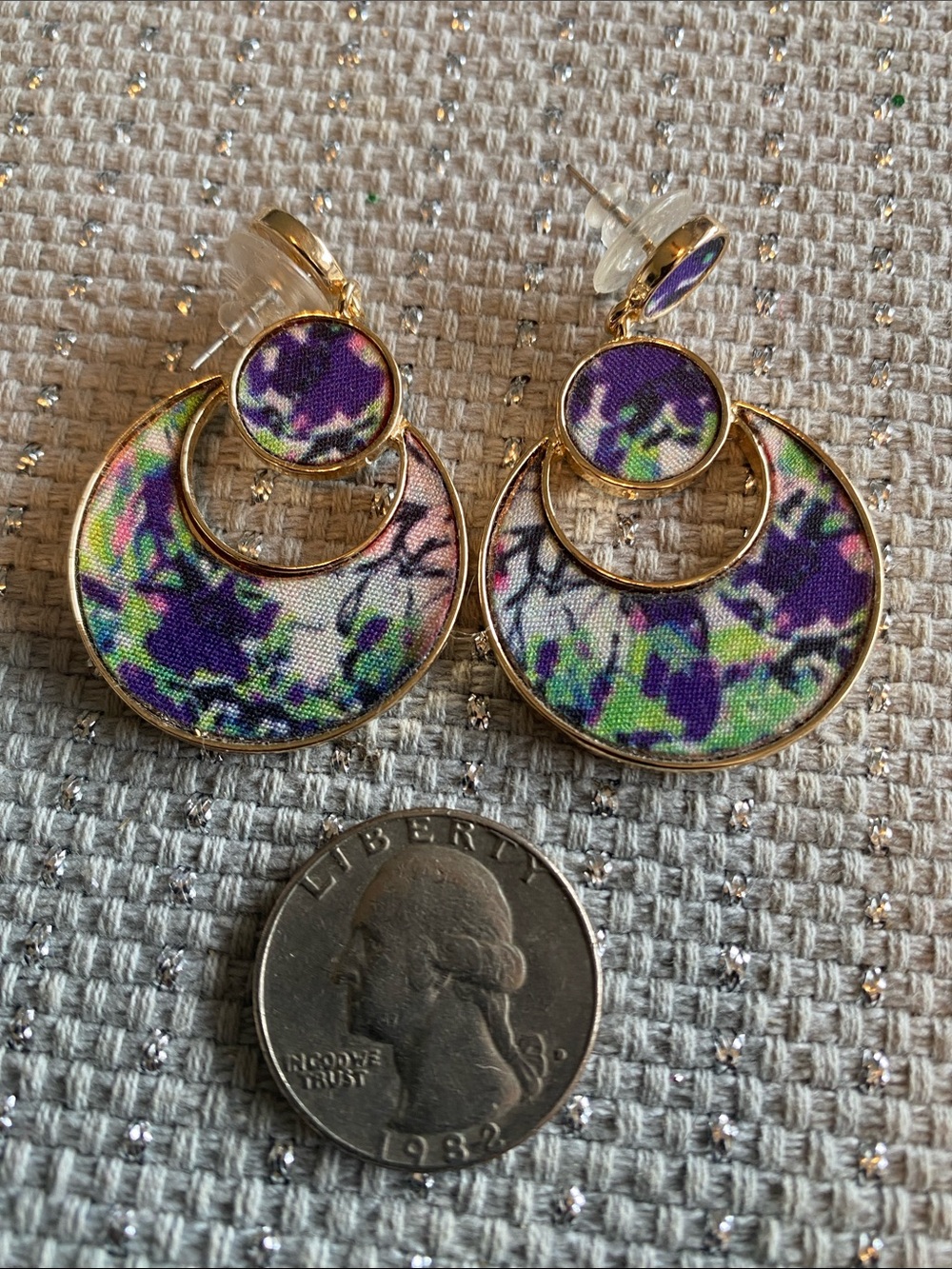 Gold-Tone Purple Floral Crescent Drop Earrings with Green Accents